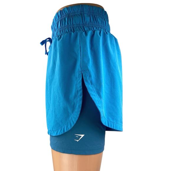 Gymshark Running 2 in 1 Blue Drawstring High Waist Athletic Fitness Shorts Sz S - Picture 2 of 5